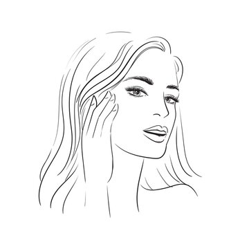 recommend clip art: Young woman face with lush eyelashes. Beautiful girl face on a white background. Glamour fashion beauty woman face illustration,eyelash extension.Hand applies cream.