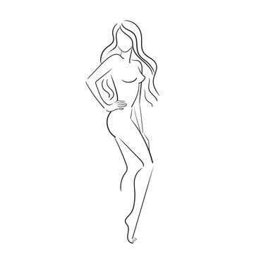 Hand drawn Beautiful nude young woman isolated on white background.Line illustration.Beauty Logo.Stock illustration.