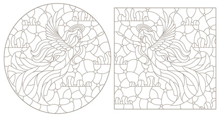 A set of contour illustrations in the style of stained glass with angel girls on a sky background, dark contours on a white background