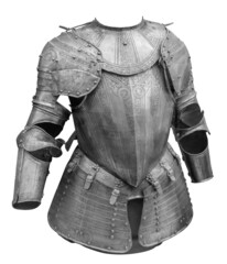 Medieval knight suit of armor protection isolated on white background with clipping path. Ancient steel metal armour - obrazy, fototapety, plakaty