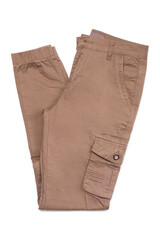 Brown male cargo pants or trousers isolated on white background, top view
