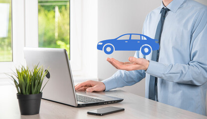 Digital composite of Man holding car icon.Car automobile insurance and car services concept....