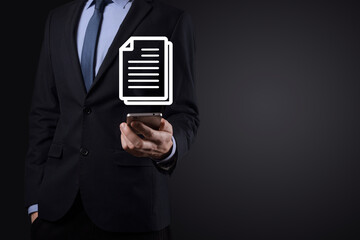 Businessman man holding a document icon in his hand Document Management Data System Business...