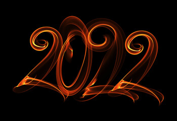 Happy new year 2022 isolated numbers lettering written with fire flame or smoke on black background