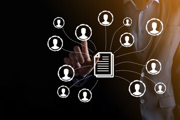 Man hold document and user icon.Corporate data management system DMS and document management system...