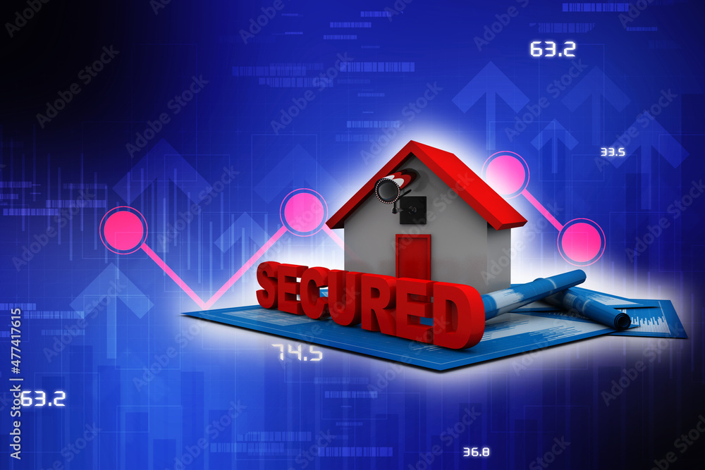 Poster 3d rendering of a secured with a house