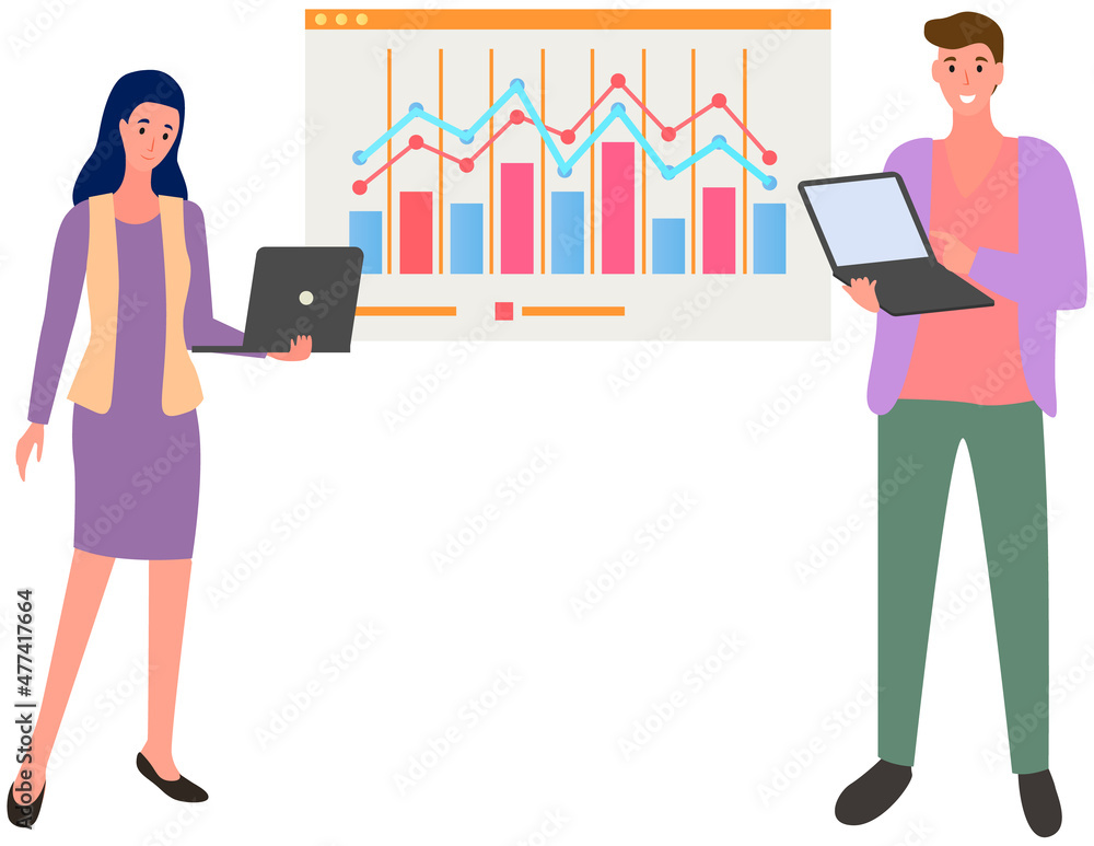 Poster work with statistics, business development research. dynamics analytics results on board. employees 