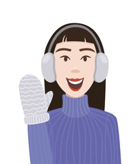 The girl waves her hand. Winter vector illustration. Cheerful young woman in a purple turtleneck. Social media icon.