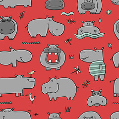 Hippopotamus family, cute hippo characters. Seamless Pattern Background for your design