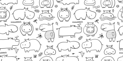 Fototapeta premium Hippopotamus family, cute hippo characters. Seamless Pattern Background for your design