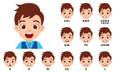 Cute kid school boy character standing bag and with mouth animation pack with lip syncing set for animation and sound pronunciation