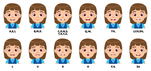 Background kid school girl character standing bag and with mouth animation pack with lip syncing set for animation and sound pronunciation