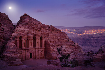 Stone Monastery in rock, Petra in Jordan. Red rock landcape. Petra historical sight - Ad Deir...