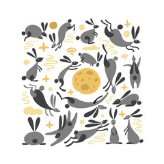 Funny rabbits. Mid-autumn festival elements. Bunny collection. Vector illustration