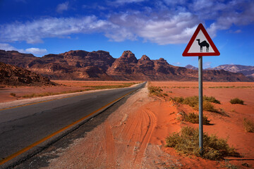 Jordan Travel. Traffic road sign with camel near the asphalt road. Wadi Rum Desert, sunny day with blue sky and cloud, red rock and sand, Jordan landcape. Road sign with animal. Wildlife nature.