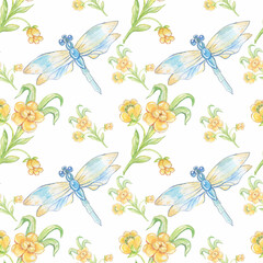 Watercolor seamless pattern with dragonfly and yellow flower isolated on white background.Good for home textile,fabrics,clothes.