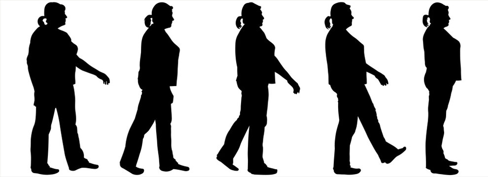 Storyboard Of A Walking Woman. Women In Pants, Trousers And A T-shirt, Blouse. Five Black Female Silhouettes Isolated On White Background. Side View. A Series Of Steps For Animation. Step By Step.