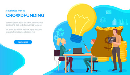 People working with crowdfunding and investment into idea. Crowd funding for business startup concept. Raising capital, earning, accumulating wealth, metaphor. Colleagues make money, gold coins