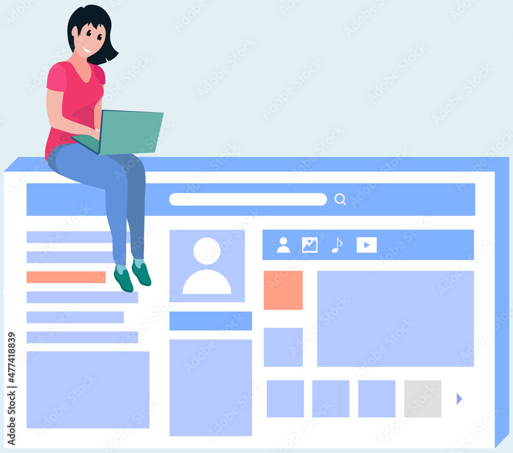 Poster woman works with design of customer profile. employee creates account in social media using laptop. 