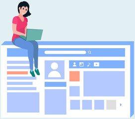 Woman works with design of customer profile. Employee creates account in social media using laptop. Internet browser window with open social network. Girl configures profile with user data and photo