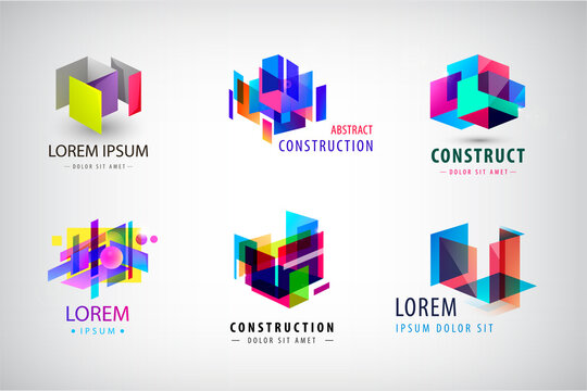 Vector set of abstract geometric colorful logos, icons. Construction, structure building architecture logos, creative concepts