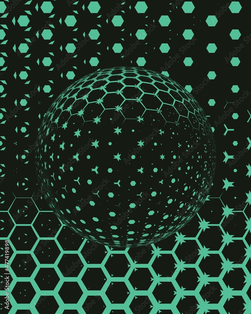 Aufkleber 3d design on hexagonal mosaic tiles overlayered on a spherical surface on a black background