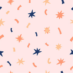 Christmas seamless pattern with stars and confetti. Background for gift wrapping or fabric design. Elements for advent calendar. Hand drawn vector illustration.