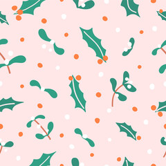 Christmas seamless pattern with white mistletoe and holly. Drawing with red and white berries. Background for gift wrapping or fabric design. Elements for advent calendar. Vector illustration.