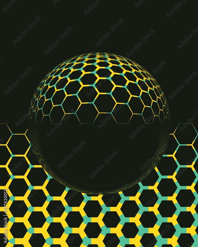 Aufkleber 3d design on hexagonal mosaic tiles overlayered on a spherical surface on a black background