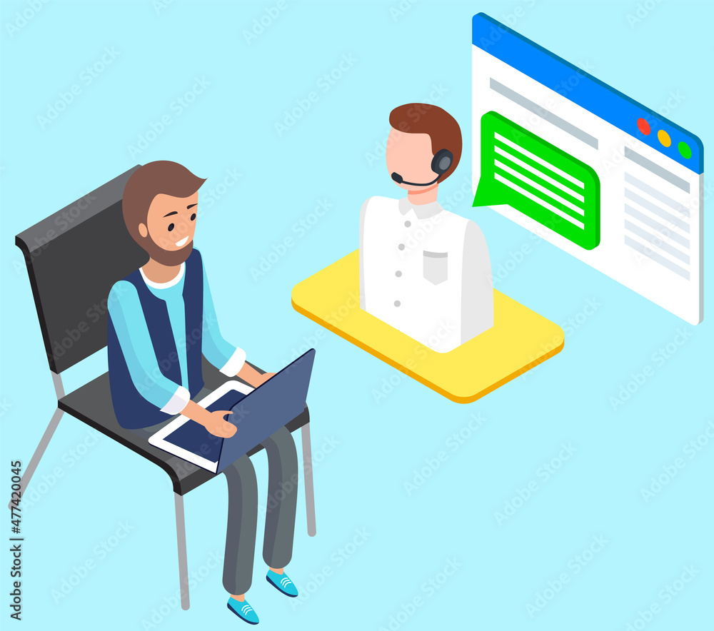 Poster businessman communicates with technical support representative. online chat with customer support. m