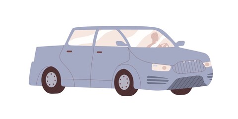 Pickup car. Pick-up auto with driver. Person driving road transport. Traveling by SUV vehicle. Colored flat vector illustration isolated on white background