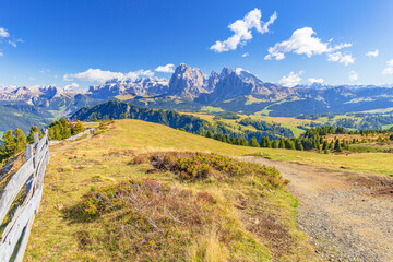 Scenic view from Alpe Siusi to the Dolomite mountains