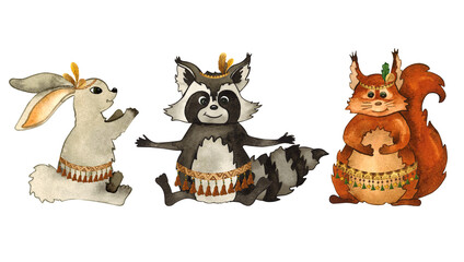 Funny watercolor forest animals in boho style