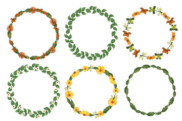 Round watercolor frames of forest flowers and leaves