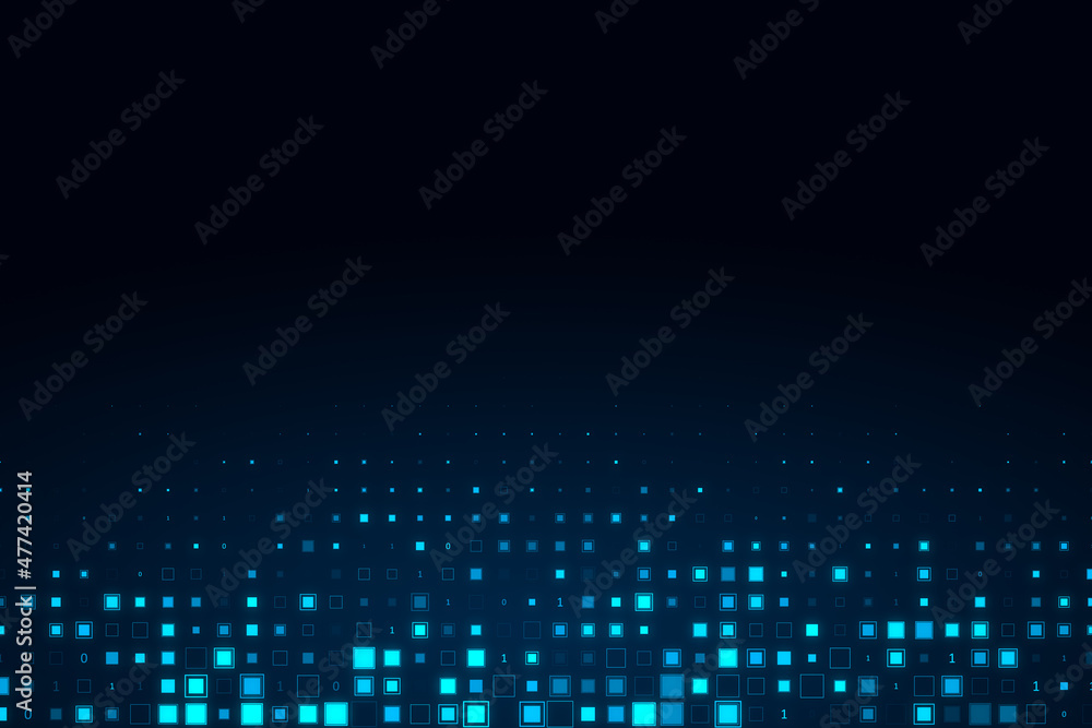 Poster Creative glowing binary code and pixel background with mock up place. Design and technology concept. 3D Rendering.