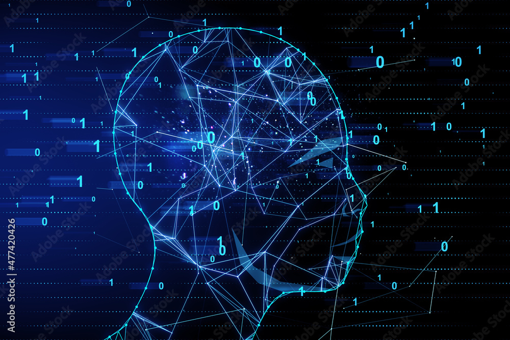 Aufkleber Abstract binary code face outliine interface on dark blue background. Machine learning and AI concept. 3D Rendering.