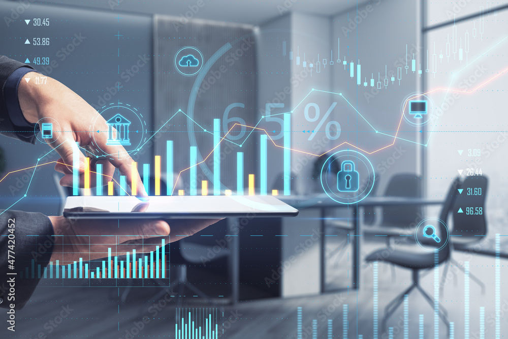Poster close up of businessman hand on blurry office interior background pointing at tablet with abstract b