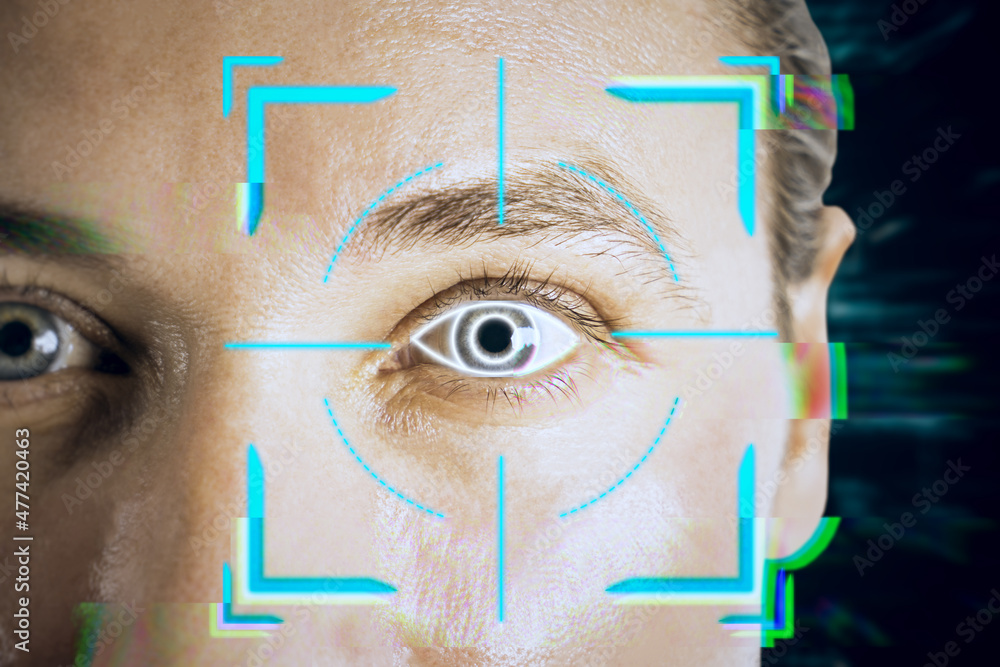 Poster portrait of attractive young european businessman with abstract glowing face recognition interface. 