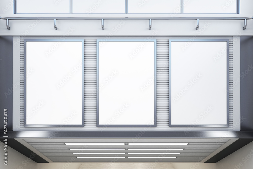 Poster Abstract light gray interior with empty mock up banners for your advertisement on wall. 3D Rendering.