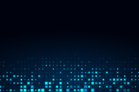 Creative glowing binary code and pixel background with mock up place. Design and technology concept. 3D Rendering.
