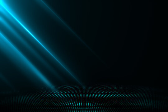 Creative dark digital background with glowing blue light and mock up place. Design and technology concept. 3D Rendering.