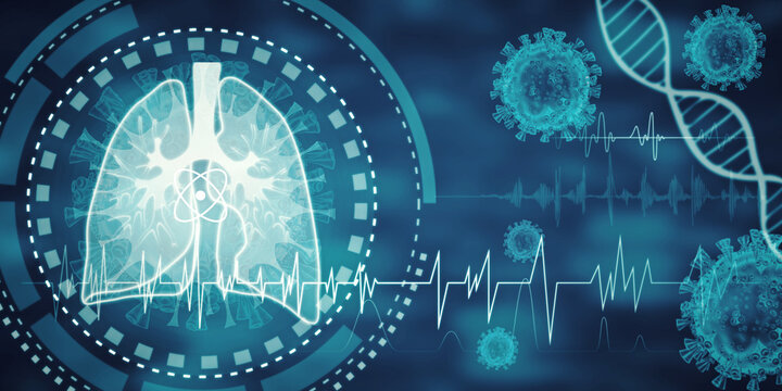 Abstract image of medical interface with lungs and virus on blue background. Medicine, healthcare and pandemic concept. 3D Rendering.