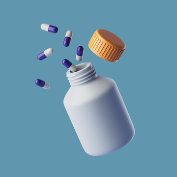 Simple pills in a open jar 3d render illustration