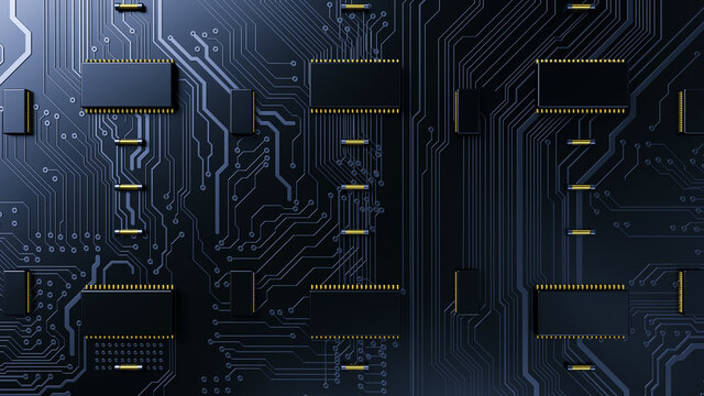 Printed circuit board futuristic server/3D Illustration. Circuit board futuristic server code processing. Blue; black  technology background.