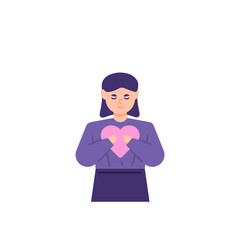 illustration of a woman who self love, respect herself, cares about herself. woman holding heart symbol, falling in love. flat cartoon style. vector design