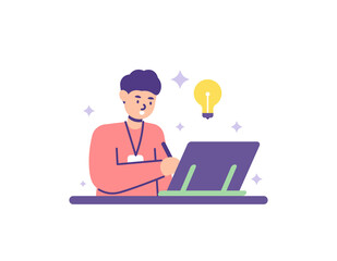 graphic designer, freelancer, creative worker, content creator. illustration of a staff drawing or designing on a drawing tablet. work and profession. flat cartoon style. vector design