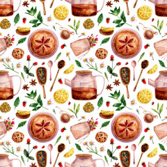 Pattern with tea and cake watercolor