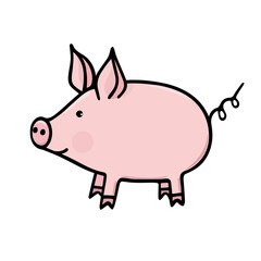 Cute cartoon piglet. Isolated color piggy on white background.  Vector illustration of pink pig.