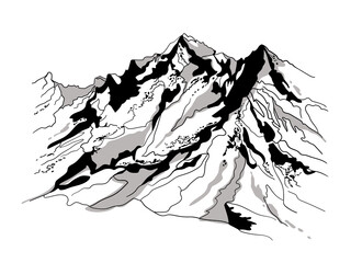 Mountain landscape. Stylized image of mountains drawn by spots and lines. Flat vector illustration.