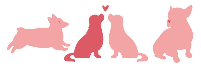 Cute pink dogs with hearts. Bulldog or pug, Cavalier King Charles Spaniel, welsh corgi dogs breeds silhouettes. Cupid. I love you. Valentine's Day. Vector flat design